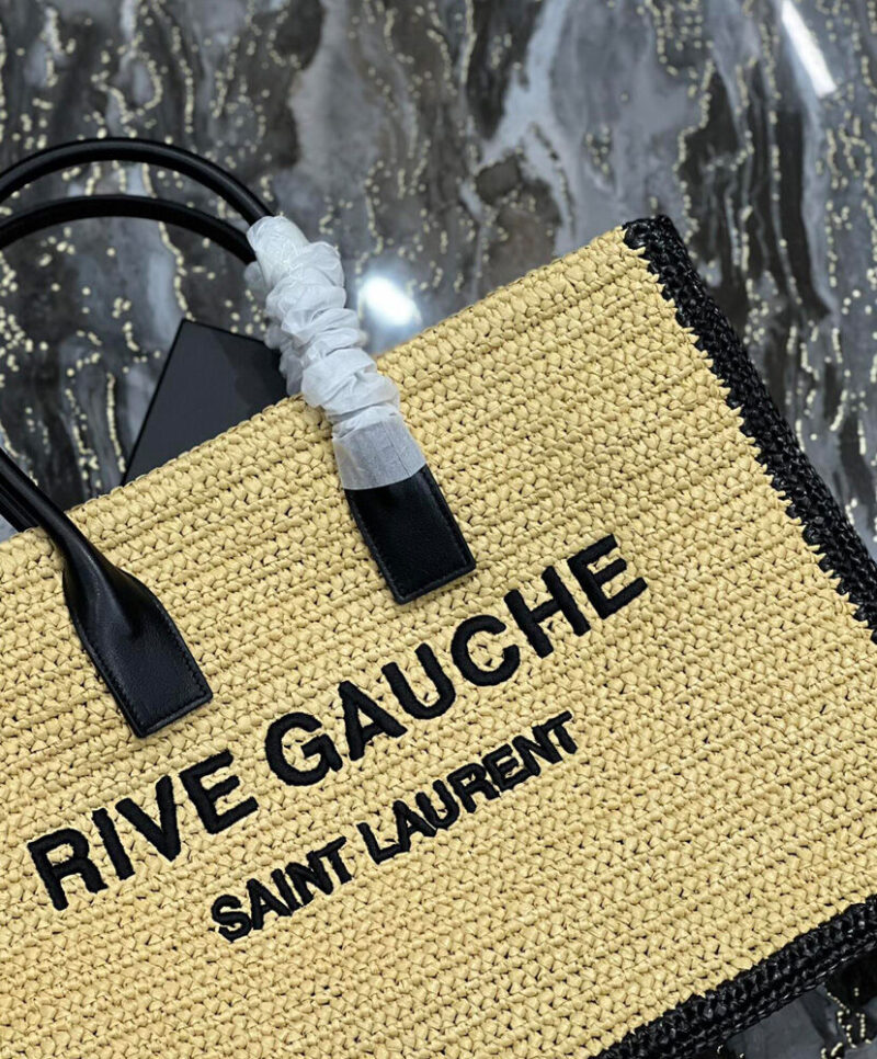 Saint Laurent Rive Gauche Tote Bag In Raffia And Leather Apricot